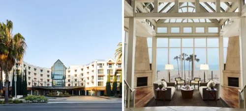Exterior of Loews Santa Monica (left) and interior sitting area with two fireplaces and large floor-to-ceiling windows (right)